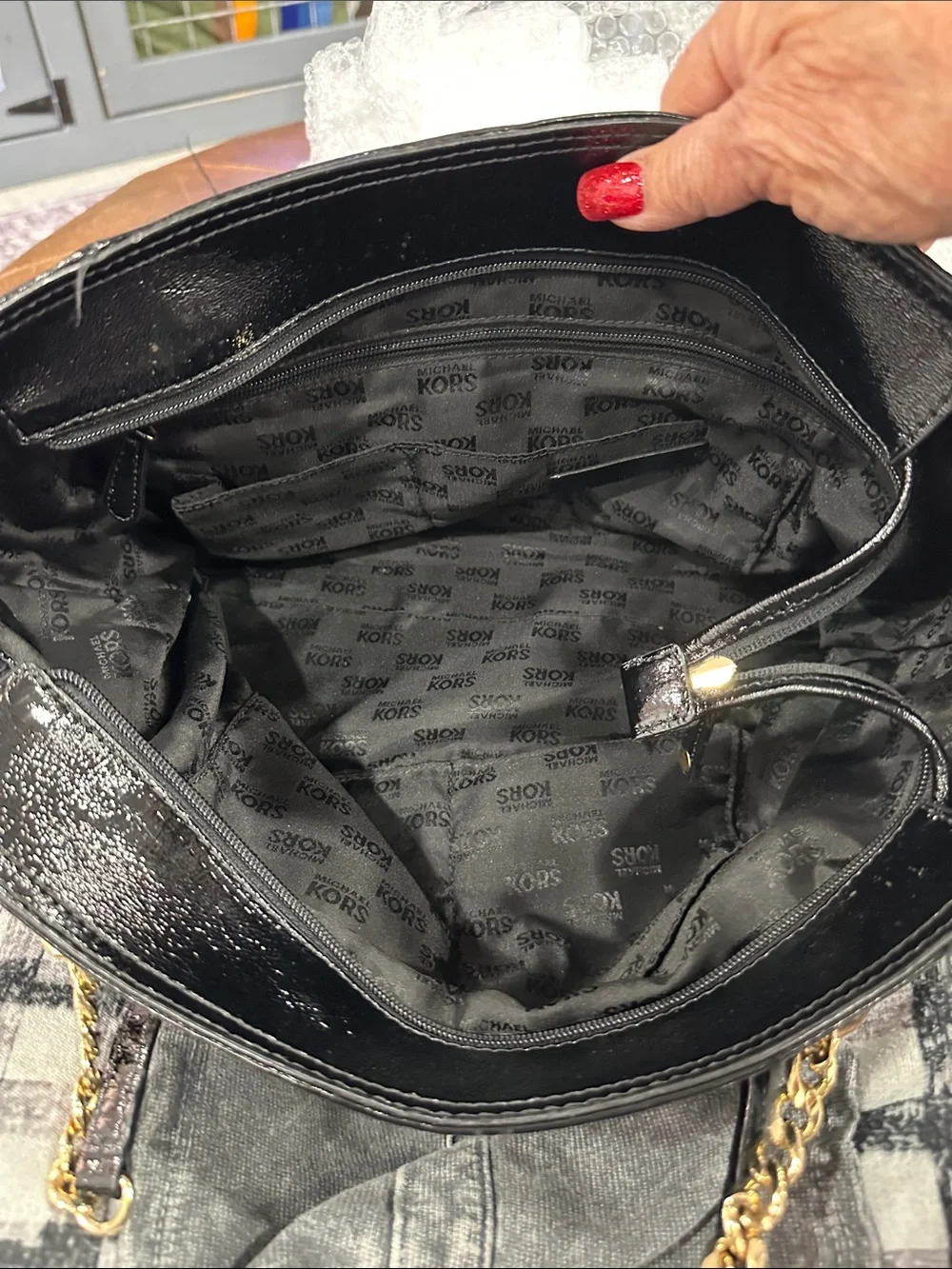 Michael Kors Black Patent Tote with Gold Chain Charm